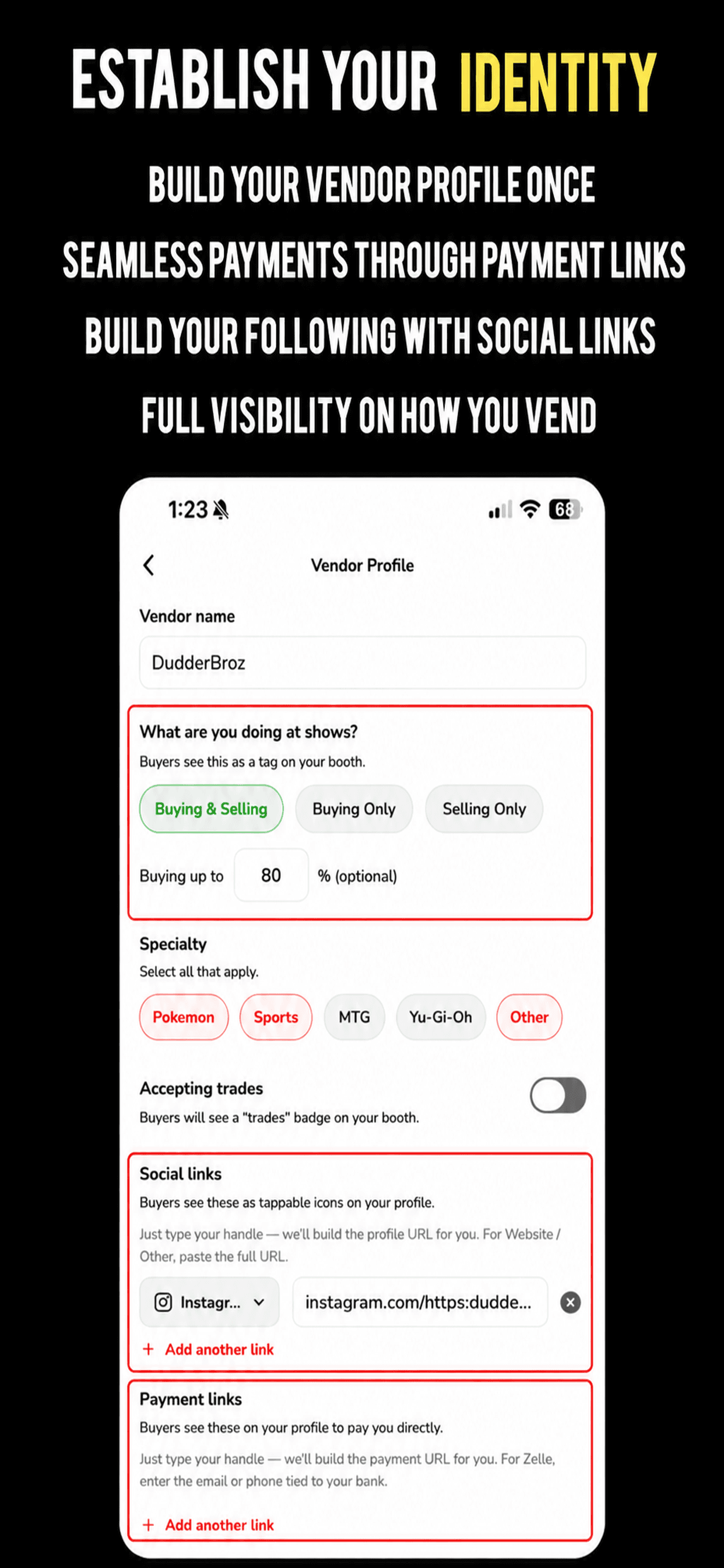 Build a vendor profile with socials and payment links buyers can tap